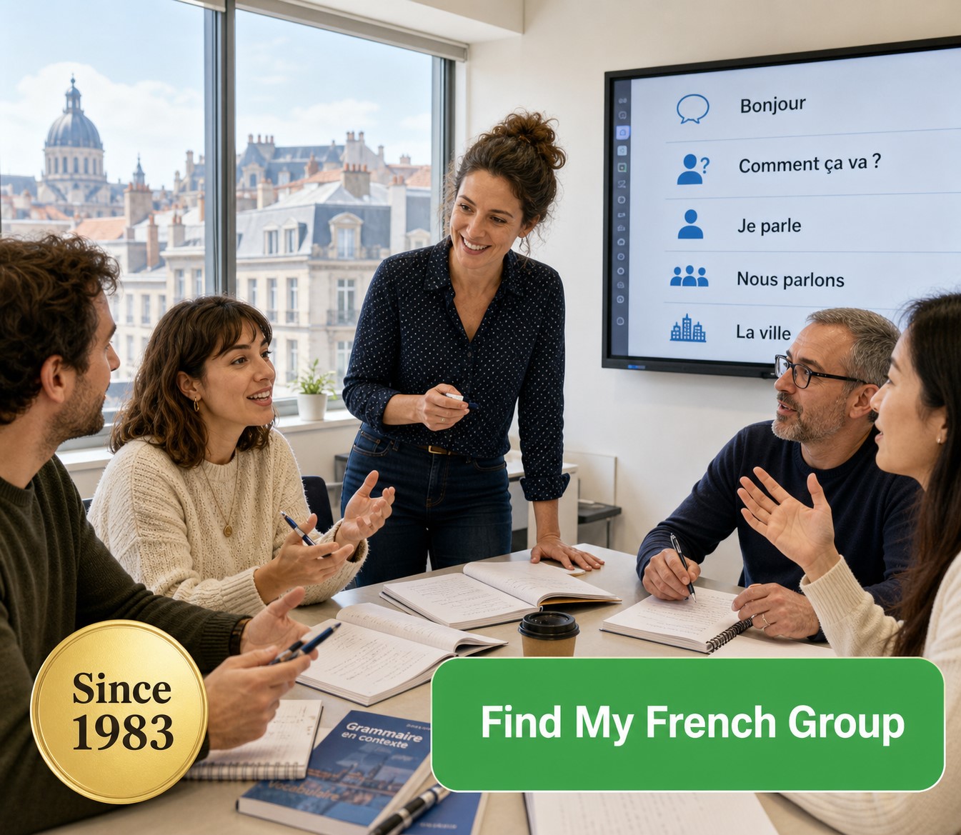 Adults participating in a small French group course at Amira in Brussels