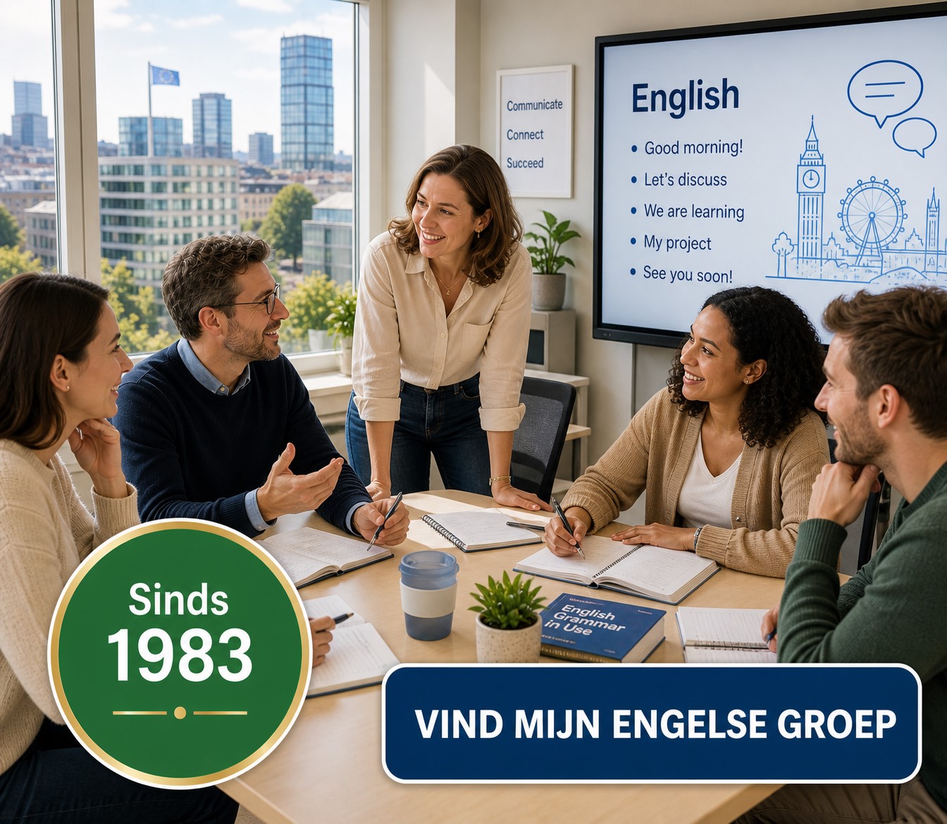 Students learning Dutch in a small group at Amira in Brussels