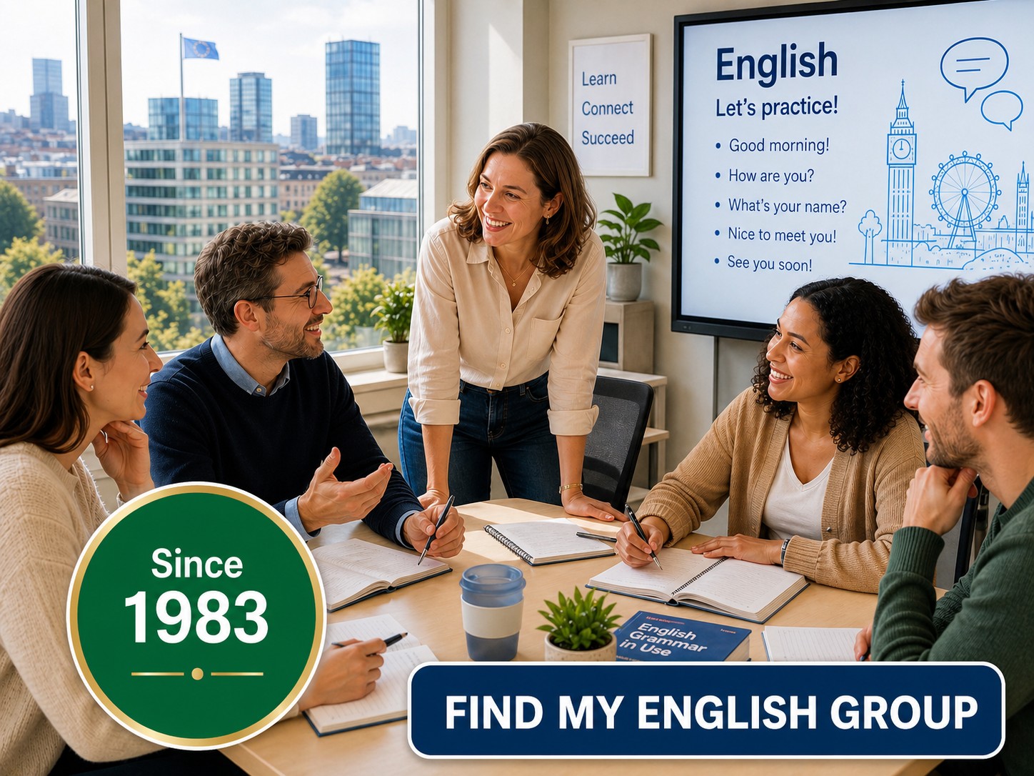 Students learning English in a small group at Amira in Brussels
